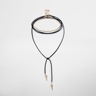Black tied spike layered choker bolo necklace